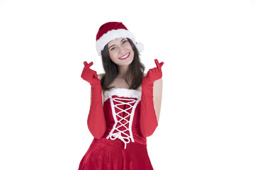 Christmas concept : Beautiful smiling young Asian woman in Santa Claus costume giving mini heart sign isolated on white background