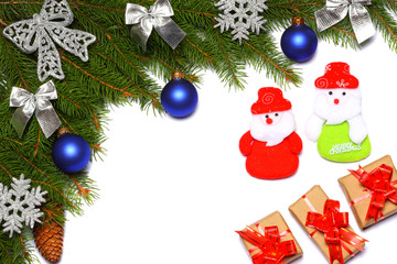 Christmas background. Top view with copy space. fir tree with cone isolated on white background