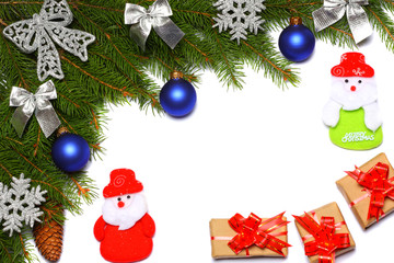 Christmas background. Top view with copy space. fir tree with cone isolated on white background