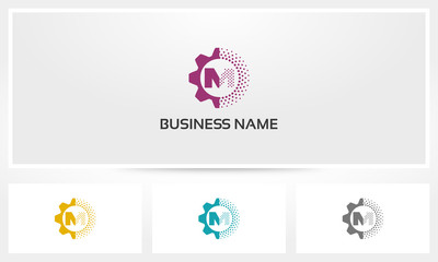 M Letter Gear Dots Alphabet Logo Vector