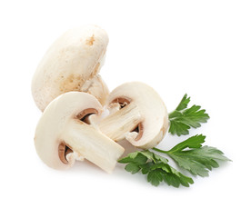 Fototapeta na wymiar Fresh champignon mushrooms on white background