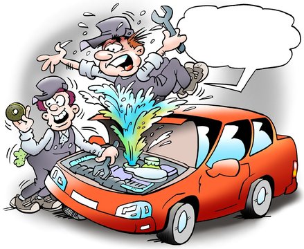 Cartoon illustration of a mechanic who has taken a cover so that the coolant is spraying out
