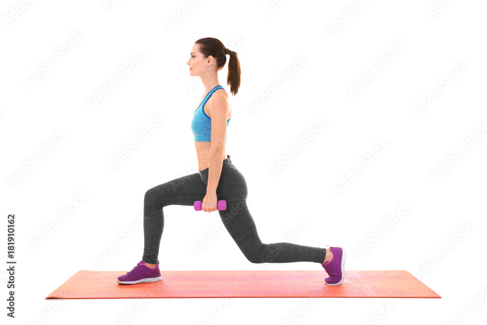 Canvas Prints young sporty woman doing exercise on white background