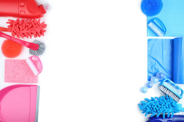Cleaning supplies on white background