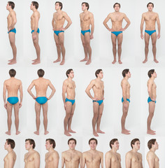Young male model snapshots full collage taking in studio