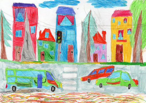 Child's drawing on a street and cars