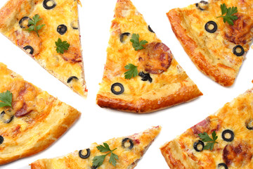 Piece of pizza with olives isolated on white background. top view