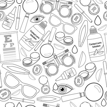 Seamless pattern of medical optometry accessory for correct vision - contact lens,  solution, lens case eye test chart, glasses. Vector