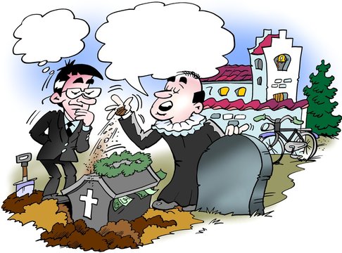 Cartoon illustration of a priest buried a coffin with a lot of mone