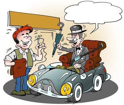 Cartoon illustration of an elderly glenteman who has got his favorite armchair in his car
