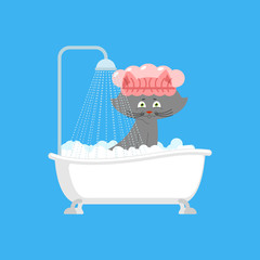 Cat in bath. Pet is washed. Vector illustration