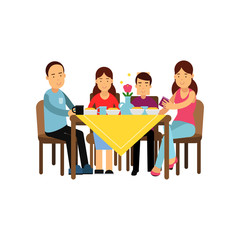 Happy family having meal together, husband and wife with children sitting at the table vector Illustration
