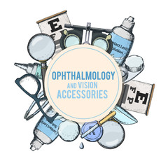 Set of medical optometry accessory for correct vision - contact lens, solution, lens case eye test chart, glasses. Vector