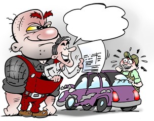 Cartoon illustration of a businessman pushing a customer with unfounded methods