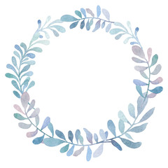Fototapeta na wymiar Watercolor wreath of blue branches with beautiful leaves. A decoration for greeting card. Put your text inside the wreath.