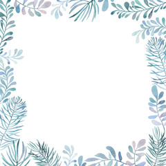 Watercolor frame of different branches. A decoration for greeting card. Put your text inside the frame.