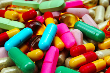 Medical or vitamin pills. Colorful medicine pills as texture. Pill pattern background. Texture background.