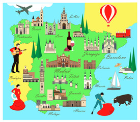 Spain travel map with sights flat style vector illustration. Popular buildings for tourists. Spanish map. Tourism and travel.
