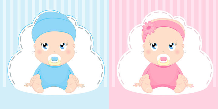 Cute baby girl and boy card's design. Pretty sitting kids cartoon character vector illustration.