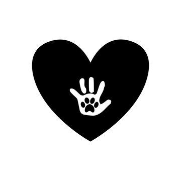 Baby handprint with pet paw print on the palm inside of black heart icon