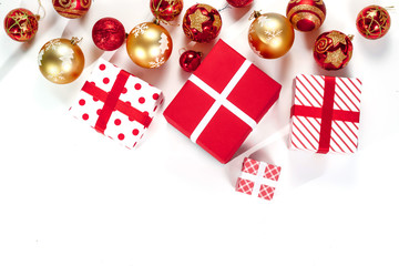 New Year's toys, red and gold balls, gifts, isolated on white background. Isolate.