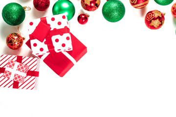 Christmas toys, red and green balls, gifts, isolated on white background. Isolate.