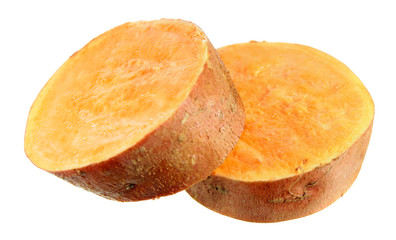 Two slices of Sweet potato root isolated on white background