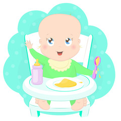 Cute baby eating porridge with a spoon in high chair. Pretty kid in baby highchair with plate of porridge cartoon character vector illustration.
