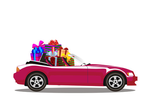Purple modern cartoon cabriolet car full of gift boxes isolated on white background.