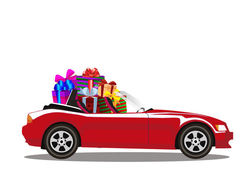 Red modern cartoon cabriolet car full of gift boxes isolated on white background.