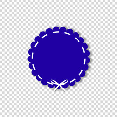 Dark blue circle stamp with white ribbon.