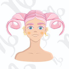 Capricorn zodiac sign isolated on white background. Pink-haired girl with horned hairstyle on astrology seamless background.