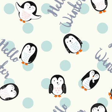 Vector seamless pattern with cute cartoon penguins