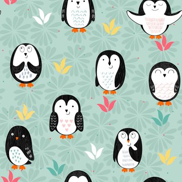 Vector seamless pattern with cute cartoon penguins