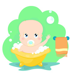 Cute baby plays with soap bubbles while bathing cartoon character vector illustration. Kid wash in bathroom.