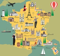 France travel map with sights flat style vector illustration. Popular buildings for tourists. French map. Tourism and travel.