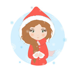 Pretty girl with a snow vector illustration. Beautiful woman holds a snowflakes. Winter girl.