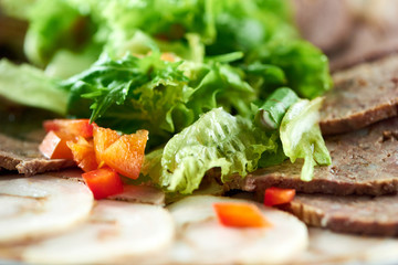 Cropped close up of chopped salsd and red pepper on sliced assorted meat plate copyspace food pieces eatng tasty hungry restaurant gourmet delicacy concept.