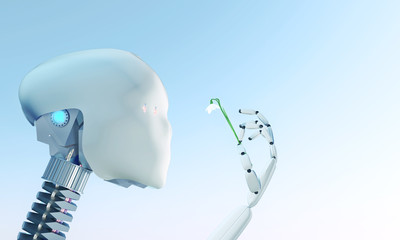 Naklejka premium 3D illustration of artificial intelligence robot holding unisex robot holding snowdrop flower