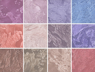 Образцы декоративного покрытия для стен в розовом и фиолетовым  колорите