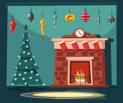 Merry Christmas. Fireplace and tree with decorations. Cartoon vector illustration