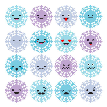 Set Emotions Snowflakes. Cute cartoon. Vector style smile icons. 