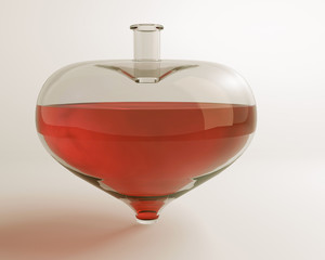 Obraz premium 3D rendering of heart shaped lab bottle with red liquid inside for valentines day