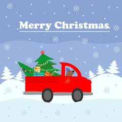 Merry Christmas card. Red a large vehicle delivers a Christmas tree to decorate the house. Colorful vector illustration for the winter holidays. You can use for small and medium enterprises Christmas 