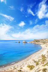 Beautiful view of the birthplace of Aphrodite in Cyprus. Petra tu Romiou, Stone of Aphrodite