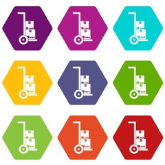 Hand cart with cardboards icon set color hexahedron