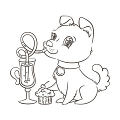 Golden dog with the cup of mulled wine and a cake. New Year symbol of 2018.