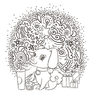 Golden dog drinks coffee or milk shake. Hand drawn illustration for New Year t-shirt, poster, postcard on patterned background