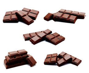 Collection of photos dark milk chocolate bars stack isolated on a white
