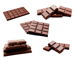 Collection of photos dark milk chocolate bars stack isolated on a white